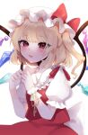  bangs blonde_hair blunt_bangs blush commentary_request crystal eyes_visible_through_hair flandre_scarlet hat highres mob_cap red_eyes simple_background touhou upper_body white_background white_headwear wings 