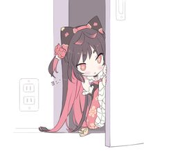  +_+ 1girl animal_ears bare_shoulders black_hair blade_(galaxist) blush_stickers chibi commentary_request detached_sleeves electric_socket fake_animal_ears flower frilled_sleeves frills hair_flower hair_ornament hairband long_hair long_sleeves multicolored_hair nekoyama_nae one_side_up open_door parted_lips peeking_out red_eyes red_flower red_hairband red_sleeves redhead solo toranoana two-tone_hair very_long_hair virtual_youtuber wide_sleeves 