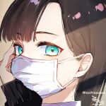  bangs black_hair black_sweater brown_background eyebrows_visible_through_hair green_eyes hand_up highres long_sleeves looking_at_viewer mask mouth_mask original ponytail signature simple_background sleeves_past_wrists sofra surgical_mask sweater twitter_username 