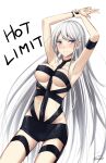  1girl armband armpits arms_up azur_lane blush bondage_outfit embarrassed enterprise_(azur_lane) highres hot_limit long_hair looking_at_viewer revealing_clothes silver_hair simple_background solo t.m.revolution very_long_hair violet_eyes white_background wristband yorugami_rei 