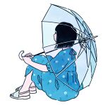  1girl aqua_dress black_hair dress floral_print flower highres holding holding_umbrella knees_up original osatsu_032 print_dress profile sandals short_hair short_sleeves simple_background sitting solo transparent transparent_umbrella umbrella white_background white_flower 