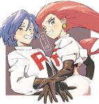  1boy 1girl bangs blush brown_gloves commentary_request earrings elbow_gloves gloves green_eyes grey_hair hair_between_eyes jacket james_(pokemon) jessie_(pokemon) jewelry long_hair looking_at_viewer pokemon pokemon_(anime) rate_(naze_besu_latte) redhead sketch skirt smile team_rocket team_rocket_uniform teeth white_jacket white_skirt 