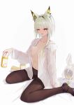  1girl alcohol animal_ear_fluff arknights bag bangs beer_can black_footwear black_legwear black_panties blush breasts can collarbone dress_shirt drunk eyebrows_visible_through_hair green_eyes green_hair holding holding_can kal&#039;tsit_(arknights) large_breasts lynx_ears navel open_clothes open_mouth open_shirt panties panties_under_pantyhose pantyhose plastic_bag shirt shoes short_hair shuixi simple_background sitting solo thighband_pantyhose underwear wariza white_background white_shirt 
