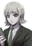  1boy bangs brown_eyes brown_jacket collared_shirt commentary_request dangan_ronpa_(series) dangan_ronpa_3_(anime) formal green_eyes green_neckwear hand_up holding jacket long_sleeves looking_at_viewer male_focus mitarai_ryouta necktie open_mouth shirt short_hair simple_background sketti smile solo upper_body white_background white_shirt 