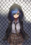  1girl :| arms_at_sides asymmetrical_bangs asymmetrical_hair bangs black_hoodie black_neckwear blue_hair bob_cut brown_skirt chain-link_fence closed_mouth commentary cowboy_shot darling_in_the_franxx dress_shirt expressionless fence green_eyes grey_background hair_ornament hair_over_one_eye hairclip hands_in_pockets highres hood hood_up hoodie ichigo_(darling_in_the_franxx) looking_at_viewer loose_necktie necktie open_clothes open_hoodie plaid plaid_skirt pleated_skirt sahini school_uniform shirt short_hair skirt solo standing striped striped_neckwear white_background white_shirt yellow_neckwear 