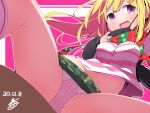  1girl bangs blonde_hair blunt_bangs breasts camouflage camouflage_skirt commentary_request covered_nipples dated fang green_skirt hair_ornament hairclip highres kneehighs long_hair magia_record:_mahou_shoujo_madoka_magica_gaiden mahou_shoujo_madoka_magica medium_breasts midriff midriff_peek mitsuki_felicia navel nekokan-nekokan open_mouth panties pink_panties scarf shirt signature simple_background skirt smile solo spread_legs striped striped_scarf striped_shirt thighs underwear violet_eyes white_legwear 