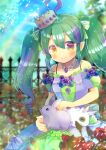  ahoge animal bangs bare_shoulders blue_flower blue_rose blurry blurry_background bow breasts brown_eyes closed_mouth collarbone commentary_request crown day depth_of_field dress eyebrows_visible_through_hair fence flower green_bow green_hair hair_between_eyes hair_bow indie_virtual_youtuber kouu_hiyoyo long_hair looking_at_viewer mini_crown multicolored_hair off-shoulder_dress off_shoulder outdoors puffy_short_sleeves puffy_sleeves purple_dress purple_flower purple_hair purple_rose rabbit rainbow red_flower red_rose ringlets rose short_sleeves shrike_exe small_breasts smile streaked_hair tilted_headwear twintails very_long_hair 