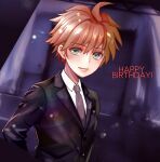  1boy ahoge bangs black_jacket black_neckwear brown_hair closed_mouth collared_shirt commentary_request dangan_ronpa:_trigger_happy_havoc dangan_ronpa_(series) formal green_eyes happy_birthday jacket kaori_(todukao89) long_sleeves looking_at_viewer male_focus naegi_makoto necktie purple_neckwear shiny shiny_hair shirt short_hair smile solo suit upper_body white_shirt wing_collar 