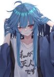  1girl ahoge bangs blue_hair closed_mouth clothes_writing collarbone commentary_request eyebrows_visible_through_hair fall_dommmmmer hands_in_hair highres hinanawi_tenshi long_hair looking_at_viewer messy_hair one_eye_closed red_eyes shirt solo touhou upper_body white_shirt 