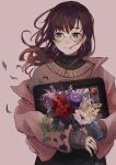  1girl absurdres artist_name aster_drawing bangs blue_eyes blush bouquet brown_hair brown_jacket brown_sweater closed_mouth drawing_tablet expressionless eyebrows_visible_through_hair floating_hair flower flower_request glasses highres holding holding_bouquet holding_tablet_pc jacket jewelry long_hair looking_to_the_side mole mole_under_eye nail_polish off-shoulder_jacket original purple_flower ranunculus red_flower red_nails ring signature solo standing sweater tablet_pc upper_body 