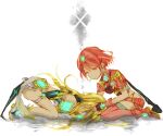  2girls armor bare_shoulders blonde_hair bob_cut bowing chest_jewel covered_navel dress dual_persona earrings elbow_gloves fingerless_gloves gloves jewelry long_hair looking_down multiple_girls mythra_(xenoblade) nintendo poppo_(milkxx) pyra_(xenoblade) red_eyes redhead seiza short_hair short_shorts shorts simple_background sitting smile thigh_strap thighs white_background xenoblade_chronicles_(series) xenoblade_chronicles_2 yellow_eyes 