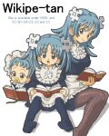  3girls aliasing apron aqua_eyes aqua_hair baby bangs blue_dress blue_legwear blush book brown_legwear character_name child closed_mouth commentary disconnected_mouth dress english_commentary eyebrows_visible_through_hair frills hair_ornament holding holding_book invisible_chair kasuga39 long_hair long_sleeves looking_at_viewer lowres mouth_hold multiple_girls multiple_persona no_shoes oekaki official_art older open_book open_mouth pacifier pantyhose puzzle_piece_hair_ornament reading simple_background sitting smile twintails waist_apron white_apron white_background wikipedia younger 