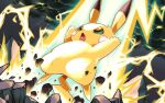  clouds commentary_request electricity from_below gen_1_pokemon green_eyes hyou_(hyouga617) lightning no_humans open_mouth outdoors pikachu pokemon pokemon_(creature) rock solo tongue 