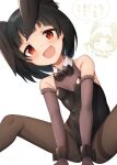  1girl :d :o ^^^ animal_ears bangs bare_shoulders between_legs binsen black_hair black_leotard black_neckwear blush bow bowtie breasts brown_gloves brown_legwear chibi chibi_inset clenched_hands elbow_gloves eyebrows_visible_through_hair feet_out_of_frame gloves hair_bun hand_between_legs highres idolmaster idolmaster_million_live! knees_up leotard nakatani_iku open_mouth pantyhose rabbit_ears red_eyes simple_background sitting small_breasts smile spread_legs thighband_pantyhose translation_request v-shaped_eyebrows white_background wrist_cuffs 