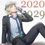  1boy 2020 arm_support bangs beard belt black_jacket black_pants blonde_hair blue_eyes blue_neckwear brown_belt collared_shirt commentary_request dangan_ronpa_(series) dangan_ronpa_3_(anime) eyebrows_visible_through_hair facial_hair formal hand_up hat holding jacket kizakura_kouichi knee_up looking_at_viewer male_focus necktie one_eye_closed open_clothes open_jacket pants shirt short_hair sitting sketti smile solo striped striped_shirt suit white_headwear white_shirt 