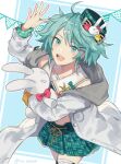 1boy :d crop_top green_eyes green_hair green_skirt hair_ornament hairclip hat_pin holding holding_stuffed_toy holostars jacket kagami_kira long_sleeves looking_at_viewer male_focus open_mouth otoko_no_ko pleated_skirt pom_pom_(clothes) riri_zuran skirt smile solo stuffed_animal stuffed_bunny stuffed_toy thigh-highs twitter_username virtual_youtuber 