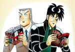  2boys big_nose black_hair blue_neckwear book chuukan_kanriroku_tonegawa concentrating crossover green_sweater grey_hair highres holding holding_book itou_kaiji kaiji male_focus multiple_boys official_style old old_man pinzoro77 pointy_nose reading striped striped_neckwear sweat sweater thick_eyebrows tonegawa_yukio 