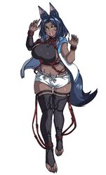  1girl animal_ear_fluff animal_ears blue_hoodie blue_nails breasts brups_tv claw_pose commission dark_skin dark-skinned_female fingernails highres hood hoodie large_breasts midriff navel open_mouth original sharp_fingernails sharp_toenails short_shorts shorts skindentation sleeveless sleeveless_hoodie smile solo tail thigh-highs toenails toes two-tone_hoodie white_background white_hoodie white_shorts 