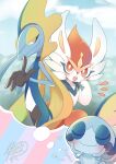  artist_name blush bright_pupils cinderace closed_eyes closed_mouth commentary_request fang gen_8_pokemon hands_on_own_head hands_together hands_up heart highres inteleon iuncco13_pkmn open_mouth pokemon pokemon_(creature) red_eyes smile sobble thought_bubble tongue 