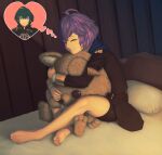  1boy 1girl barefoot bed bernadetta_von_varley blue_eyes byleth_(fire_emblem) byleth_eisner_(male) closed_eyes commentary_request feet fire_emblem fire_emblem:_three_houses garreg_mach_monastery_uniform green_hair hood hood_down legs messy_hair mixed-language_commentary object_hug pillow purple_hair rimviolet short_hair shorts shorts_under_skirt sitting smile soles solo_focus stuffed_animal stuffed_toy teddy_bear thought_bubble toes 