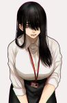  1girl bangs black_hair blue_eyes breasts hair_over_one_eye highres hoshi_san_3 long_hair looking_at_viewer mole mole_under_eye mole_under_mouth name_tag open_mouth original pencil_skirt skirt solo teeth 