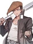  16_(0xhsk16) 1boy bangs baseball_bat black_coat brown_hair coat collarbone commentary_request dangan_ronpa:_trigger_happy_havoc dangan_ronpa_(series) grey_shirt highres holding male_focus oowada_mondo open_clothes open_mouth shirt simple_background solo translation_request violet_eyes white_background 