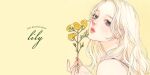  1girl black_eyes flower holding holding_flower jewelry long_hair original parted_lips ring simple_background solo upper_body white_hair yellow_background yellow_flower yellow_nails zizizy 