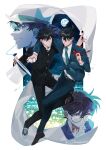  4boys ace_of_spades arm_around_shoulder bangs belt black_belt black_footwear black_hair black_jacket black_pants blue_eyes blue_jacket blue_neckwear blue_pants blue_suit bow bowtie card closed_mouth collared_shirt dress_shirt dual_persona edogawa_conan formal full_body full_moon gakuran glasses grin hair_between_eyes hat highres holding holding_bow holding_card holding_clothes holding_hat jacket joker kidkuroba4869 kudou_shin&#039;ichi kuroba_kaito long_sleeves looking_at_viewer magic_kaito male_focus meitantei_conan moon multiple_boys necktie pants playing_card red_neckwear school_uniform shirt shoes short_hair smile sneakers suit thinking top_hat twitter_username upper_body white_background white_headwear white_shirt 