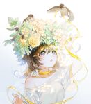  1girl bird brown_hair eyebrows_visible_through_hair flower hair_between_eyes hair_flower hair_ornament highres iida100ii long_hair looking_up open_mouth original ribbon shirt short_sleeves simple_background solo upper_teeth white_background white_shirt yellow_ribbon 