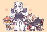1girl 3boys aak_(arknights) absurdres animal_ears arknights belt black_belt black_tank_top blue_sclera blush chain_necklace chibi colored_sclera dog_boy dog_ears dog_tail fingerless_gloves furry gloves highres holding_hands hung_(arknights) male_focus mountain_(arknights) multiple_boys pants pectorals scar scar_across_eye sharktuna short_hair shoulder_spikes size_difference spikes tail tank_top tiger_boy tiger_ears tiger_stripes waai_fu_(arknights) white_fur white_pants