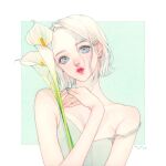  1girl aqua_eyes aqua_nails bare_shoulders calla_lily flower holding holding_flower looking_at_viewer original parted_lips shadow short_hair solo strap_slip upper_body white_flower white_hair zizizy 