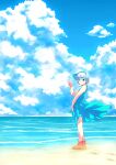  1girl bare_arms bare_legs bare_shoulders blue_bow blue_dress blue_eyes blue_hairband blue_sky blush bow brown_footwear closed_mouth clouds cloudy_sky commentary_request dress eyebrows_visible_through_hair full_body hair_bow hairband highres ikuya@ konpaku_youmu looking_at_viewer ocean profile sand shoes short_hair silver_hair sky sleeveless sleeveless_dress smile solo touhou v 