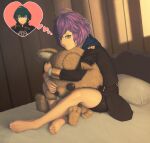  1boy 1girl barefoot bed bernadetta_von_varley blue_eyes byleth_(fire_emblem) byleth_eisner_(male) commentary_request feet fire_emblem fire_emblem:_three_houses garreg_mach_monastery_uniform green_eyes green_hair hood hood_down legs looking_at_viewer messy_hair mixed-language_commentary object_hug pillow purple_hair rimviolet short_hair shorts shorts_under_skirt sitting smile soles solo_focus stuffed_animal stuffed_toy teddy_bear thought_bubble toes 