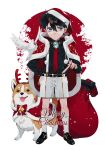  1boy animal bangs black_footwear black_hair black_shirt blue_eyes brooch cape closed_mouth collared_shirt dog dress_shirt edogawa_conan full_body glasses hair_between_eyes hat highres jewelry kidkuroba4869 long_sleeves looking_away male_focus meitantei_conan merry_christmas necktie red_cape red_headwear red_neckwear sack santa_hat shirt shoes short_hair shorts simple_background socks solo suspenders white_background white_legwear white_shorts 