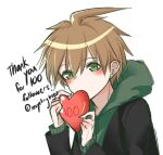  1boy artist_name bangs black_jacket blush brown_hair commentary_request covered_mouth covering_mouth dangan_ronpa:_trigger_happy_havoc dangan_ronpa_(series) green_eyes green_hoodie hands_up happy_birthday happy_valentine heart holding holding_heart hood hood_down hoodie jacket looking_at_viewer male_focus milestone_celebration naegi_makoto no_nose recyclingtrees shiny shiny_hair simple_background solo thank_you upper_body valentine white_background 