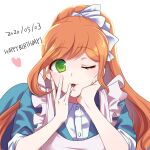  1girl absurdres apron bangs blue_dress brown_hair commentary_request dangan_ronpa_(series) dangan_ronpa_3_(anime) dated dress dress_shirt eyebrows_visible_through_hair finger_to_mouth foreshortening green_eyes hand_on_own_cheek hand_on_own_face happy_birthday heart highres long_hair looking_at_viewer maid one_eye_closed open_mouth ponytail shirt short_sleeves simple_background sketti smile solo upper_body white_apron white_background white_shirt yukizome_chisa 
