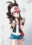  1girl bag baseball_cap black_vest black_wristband blue_eyes brown_hair closed_mouth collarbone commentary_request cowboy_shot eyelashes food grey_background hands_up hat high_ponytail highres hilda_(pokemon) holding ice_cream long_hair looking_at_viewer one_eye_closed pokemon pokemon_(game) pokemon_bw red_bag shirt short_shorts shorts shoulder_bag sidelocks smile solo two-tone_headwear vest white_shirt yoshi_(moco1) 