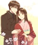  1boy 1girl black_hair cherry_blossoms coat couple glasses hair_over_one_eye holding_hands husband_and_wife japanese_clothes kannuki_hisui kara_no_kyoukai kimono kokutou_mikiya ryougi_shiki short_hair smile 