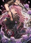  1girl bangs black_cape black_dress black_nails breasts cape dress flower highres holding holding_scythe hololive hololive_english large_breasts long_hair looking_at_viewer mori_calliope pink_eyes pink_hair rose scythe sleeveless sleeveless_dress thorns tiara torino_akua veil 