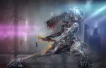  1girl blood blurry blurry_background explosive gas1 glowing glowing_eye grenade gun highres holding holding_gun holding_sword holding_weapon humanoid_robot looking_down ninja orange_eyes original robot science_fiction solo squatting sword weapon 