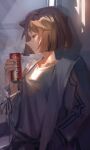  1girl absurdres against_wall black_ribbon brown_hair can closed_eyes closed_mouth coat coca-cola collarbone haibara_ai hand_in_pocket highres holding holding_can huge_filesize long_sleeves meitantei_conan open_clothes open_coat profile ribbon shirt short_hair solo standing white_shirt xuanji 
