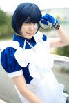  apron blue_hair boots cosplay eyepatch gloves handcuffs ikkitousen kneehighs maid maid_uniform namada photo ryomou_shimei 