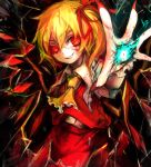  1girl aiming_at_viewer ascot blonde_hair darkness energy_ball fingernails flandre_scarlet glowing glowing_eyes hair_ribbon long_fingernails looking_at_viewer outstretched_arm outstretched_hand red_eyes red_nails ribbon shirt side_ponytail skirt skirt_set smile solo spark621 touhou vest wings 