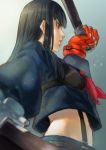  1girl black_hair blue_eyes fingerless_gloves gloves highres katana kill_la_kill kiryuuin_satsuki long_hair school_uniform senketsu spoilers suspenders sword wakizashi weapon yangbei 