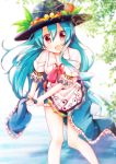  1girl blue_hair blurry dress food fruit hat highres hinanawi_tenshi koukii legs long_hair looking_at_viewer open_mouth peach red_eyes solo touhou water wringing_clothes 
