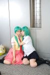   chippi cosplay green_hair hair_bow higurashi_no_naku_koro_ni knee_socks momose_riyu photo school_uniform sonozaki_mion sonozaki_shion vest  