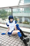  apron blue_hair boots cosplay eyepatch gloves handcuffs ikkitousen kneehighs maid maid_uniform namada photo ryomou_shimei 