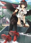  3girls animal_ears bird bird_wings black_hair black_legwear black_wings blue_sky brown_gloves brown_hair checkered checkered_skirt cibo_(killy) clouds crow forest geta gloves hand_on_knee hat hat_ribbon himekaidou_hatate inubashiri_momiji long_sleeves looking_at_viewer mask multiple_girls nature necktie open_mouth puffy_sleeves raven_(animal) red_eyes ribbon shameimaru_aya shield shirt short_sleeves silver_hair sitting skirt sky stairs sword tengu tengu-geta tengu_mask thighhighs tokin_hat touhou upskirt weapon wide_sleeves wings wolf_ears zettai_ryouiki 