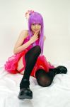  chinadress cosplay flower garter_belt namada photo purple_hair qipao ruffles thigh-highs 