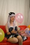  balloon cosplay couch dress female hair_bow photo ribbon saya silver_hair solo 
